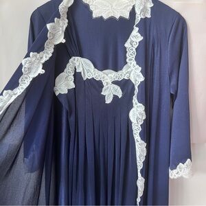 Vintage Kayser Peignoir Nightgown Robe Set Navy Blue with Ivory lace Size Small